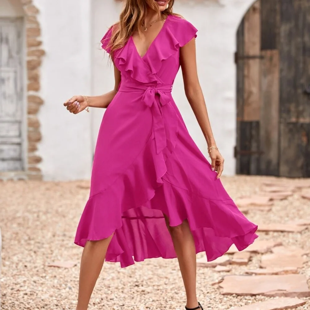 Boho Navy Blue  ruffle hem wrap belted Maxi Dress - Picture 12 of 13